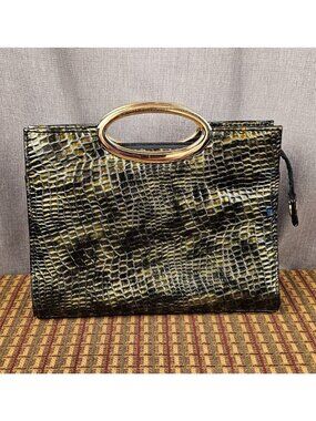 Bellini Crocodile-Embossed Evening Bag With Gold Handle - 9"x7" - Elegant Design
